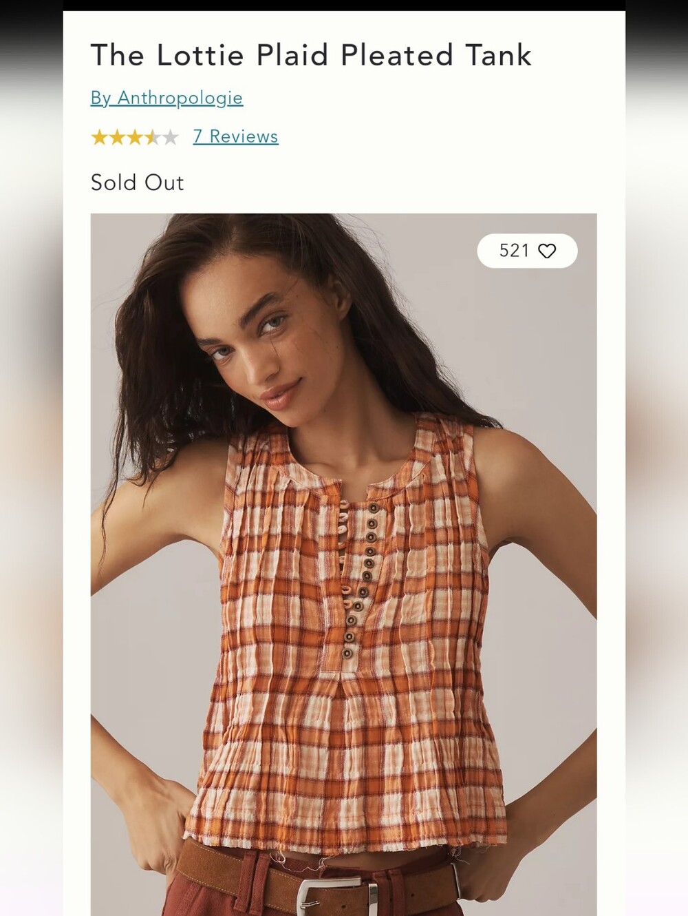 Pilcro Lottie Plaid Pleated Tank in Rust & Cream